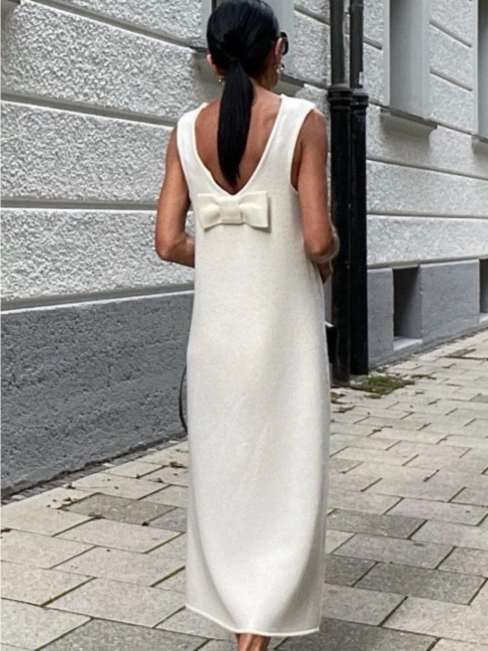 ZARA 100% Wool Knit Dress Ecru White Low Back Bow Detail Midi NWT Size  S